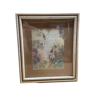 Vintage Shaw-Mei Yu Shen Butterfly Daisy Bamboo Frame 16x14" Nature Oriental